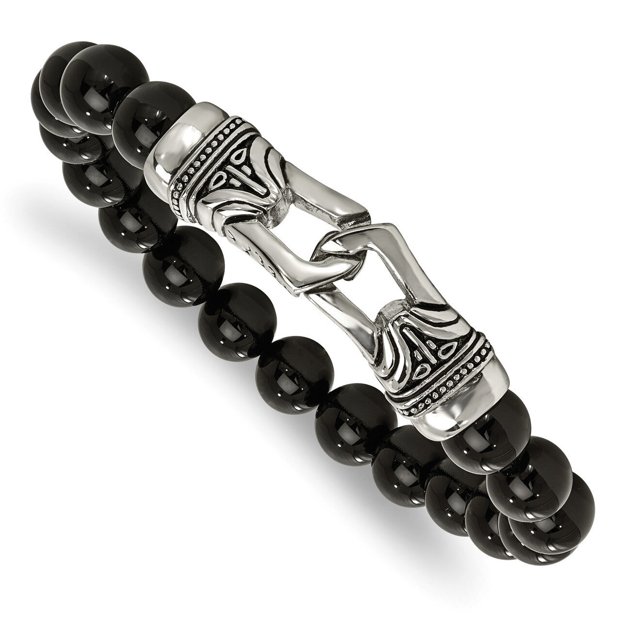 Black Agate Stretch Bracelet Stainless Steel Polished Antiqued SRB2021