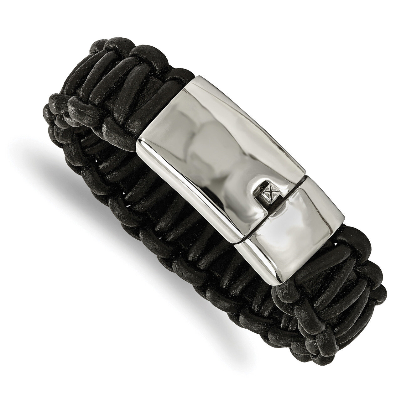 Rounded Braided Black Leather Bracelet Stainless Steel Polished SRB2030-8.5