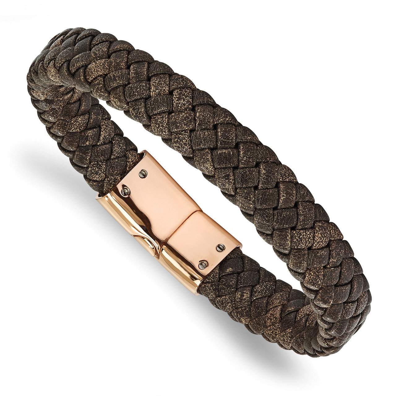 Rose IP Braided Brown Leather Bracelet Stainless Steel Polished SRB2031-8.5 by Chisel, MPN: SRB2031…