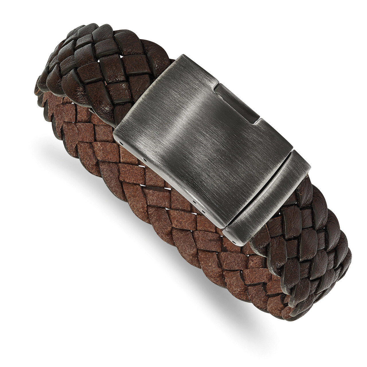 Brushed Brown Braided Leather 9 Inch Bracelet Antiqued Stainless Steel SRB2045-9