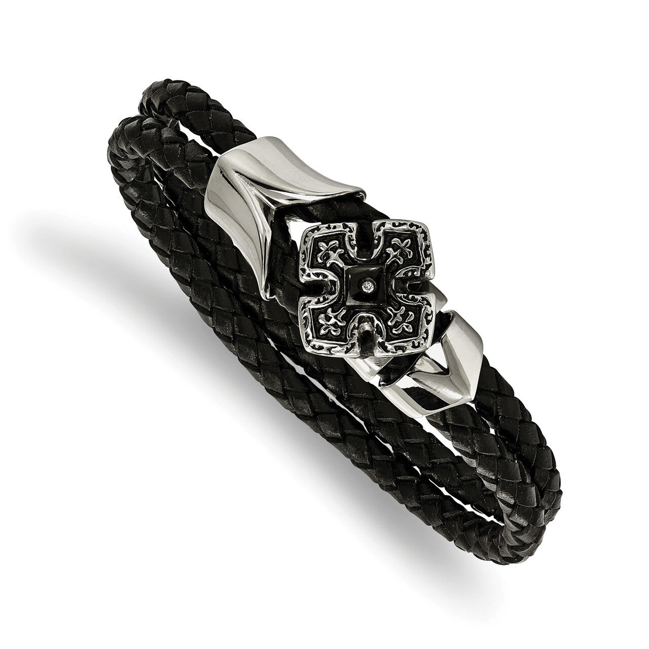 Black IP Braided Black Leather CZ Bracelet Stainless Steel Polished SRB2046-8 by Chisel, MPN: SRB20…