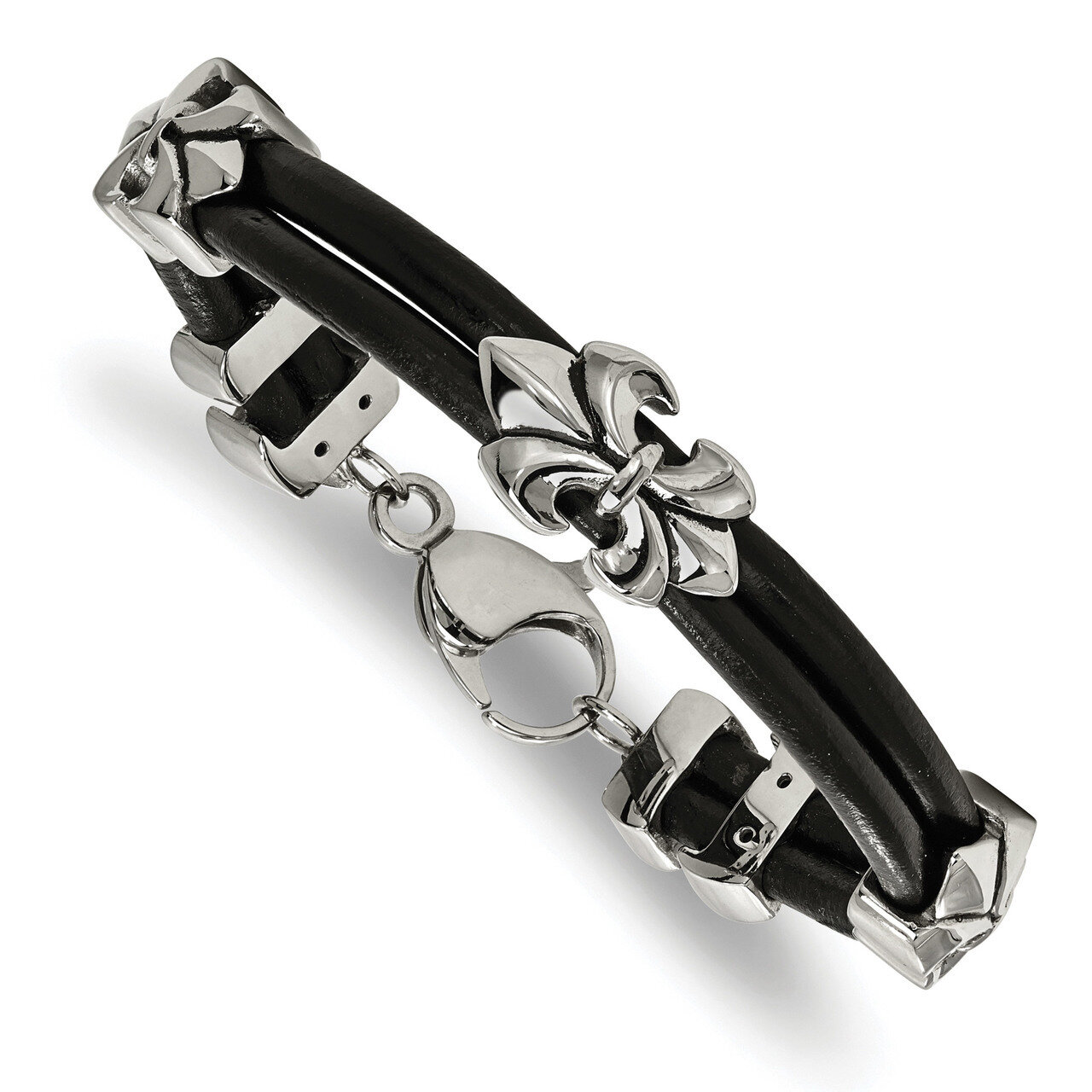 Fleur De Lis Black Leather Bracelet Stainless Steel Polished Antiqued SRB2051-8.5