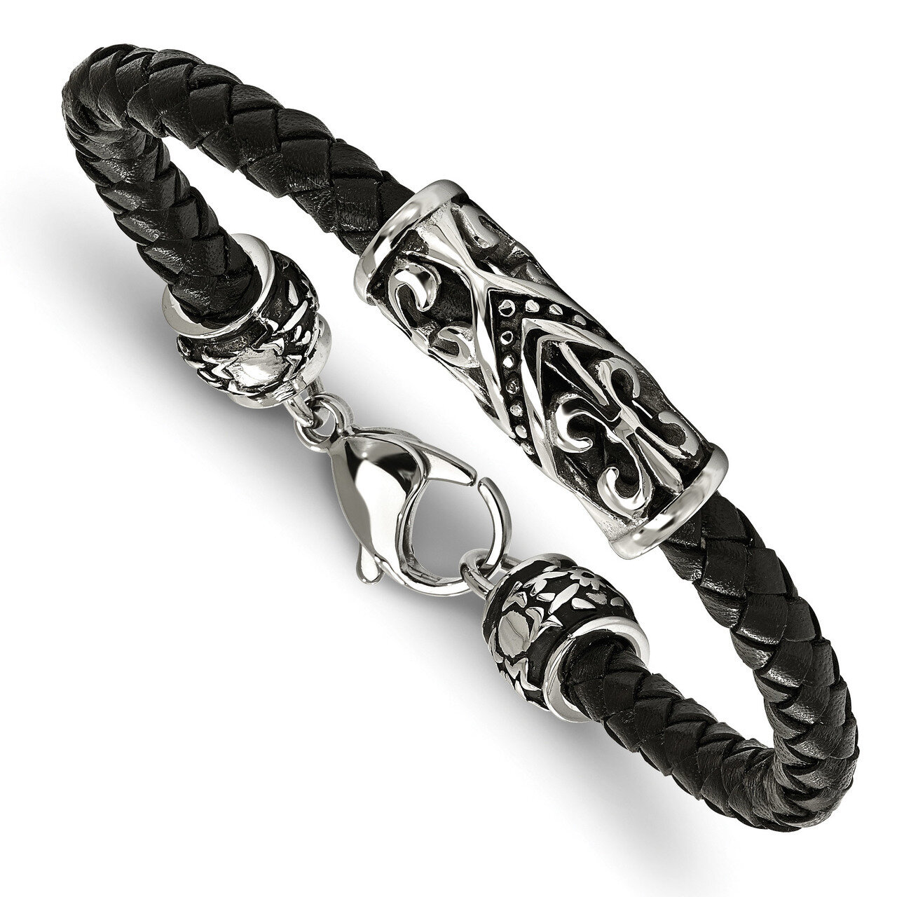 Fleur De Lis Black Leather Bracelet Stainless Steel Polished Antiqued SRB2052-8.5 by Chisel, MPN: S…