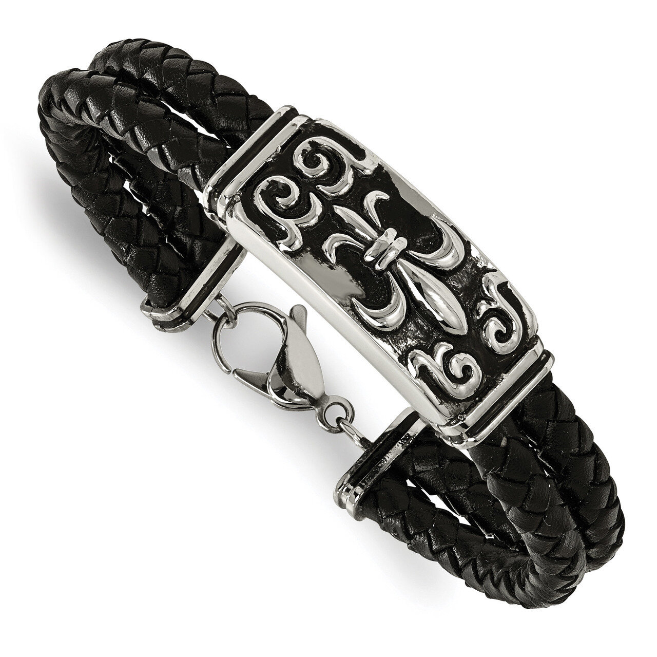 Fleur De Lis Black Leather Bracelet Stainless Steel Polished Antiqued SRB2054-8.5 by Chisel, MPN: S…