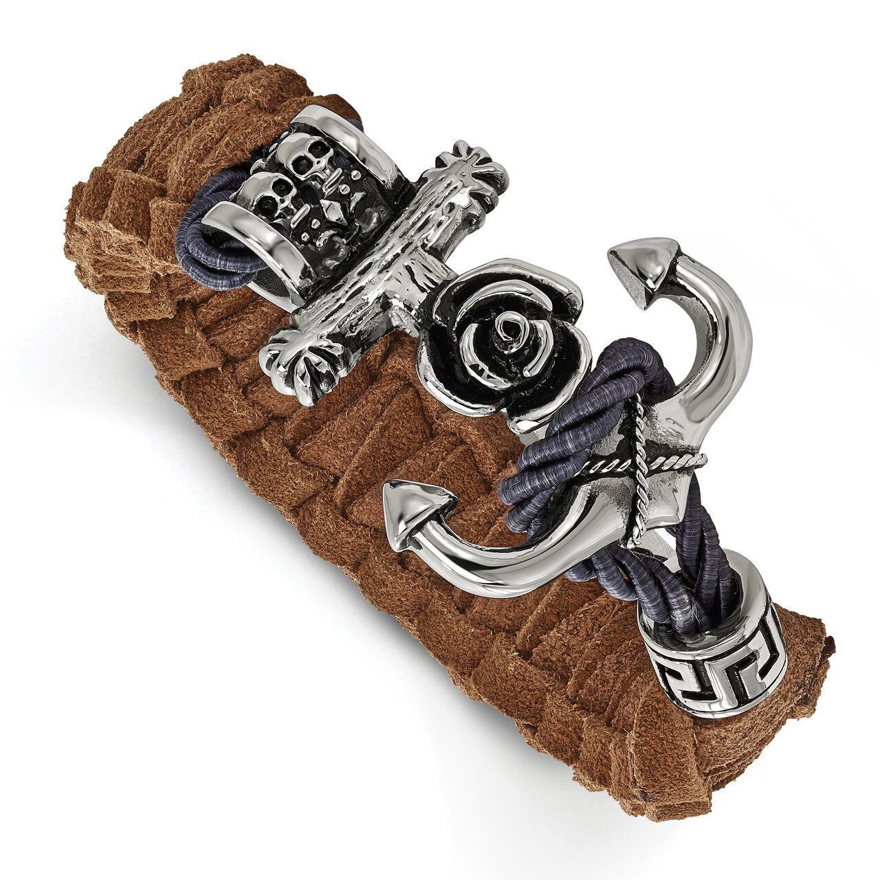 Brown Leather Anchor Toggle Bracelet Stainless Steel Polished Antiqued SRB2059-8.5 by Chisel, MPN: …