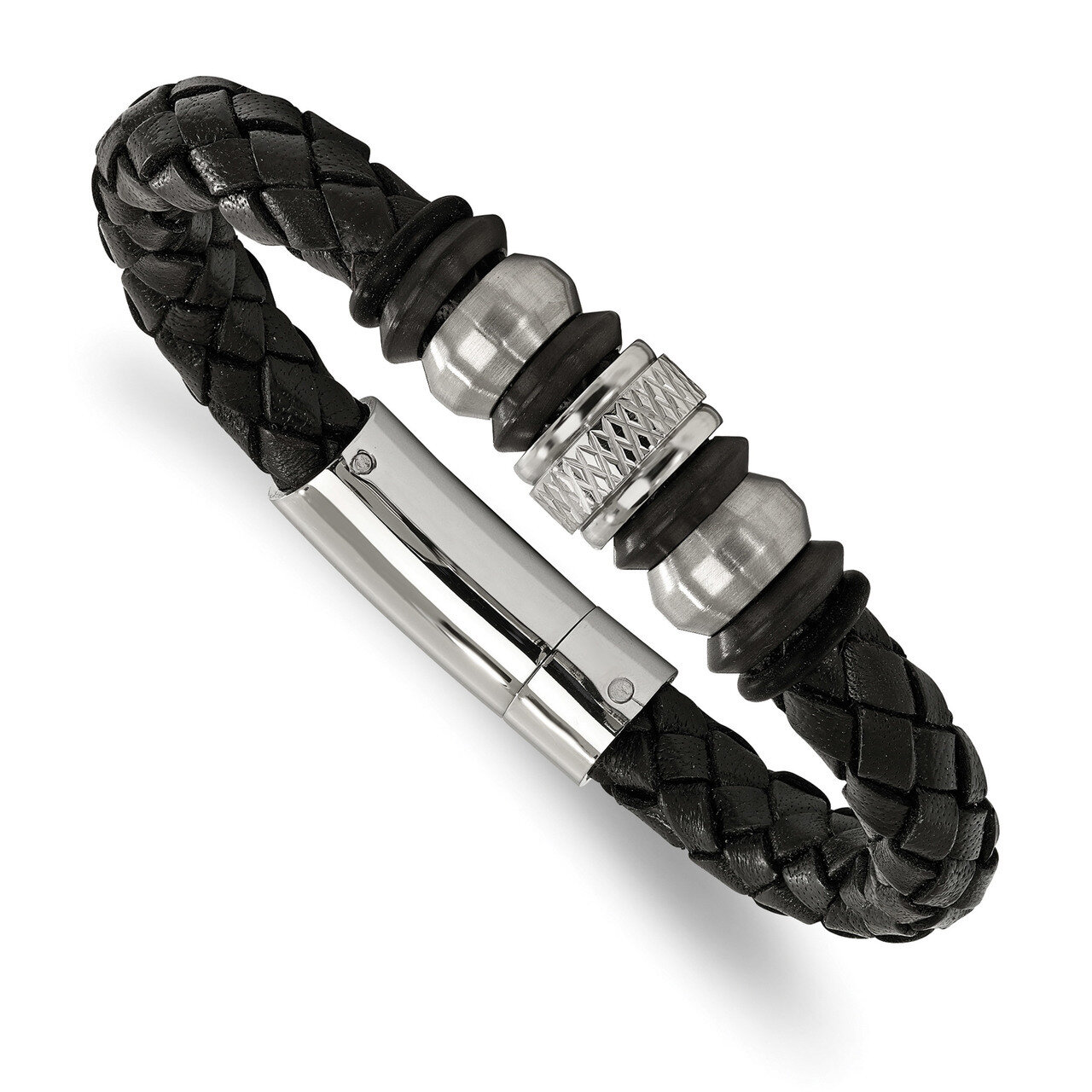 Black Leather Black IP Black Rubber Bracelet Stainless Steel Brushed and Polished SRB2061-8.5
