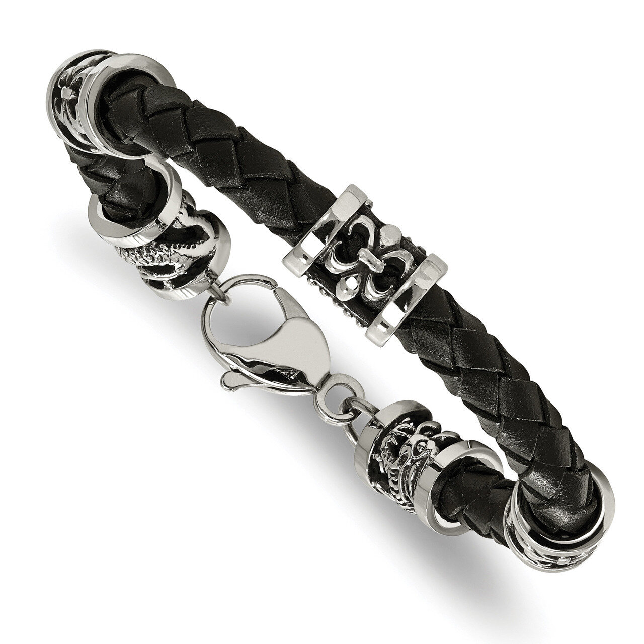 Fleur De Lis/Dragon Black Leather Bracelet Stainless Steel Polished Antiqued SRB2063-8.5