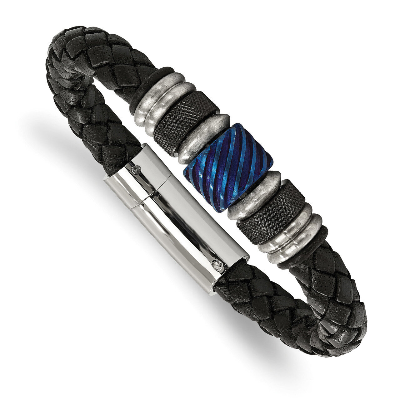 Black IP Blue IP Black Rubber Black Leather Bracelet Stainless Steel Brushed and Polished SRB2064-8…