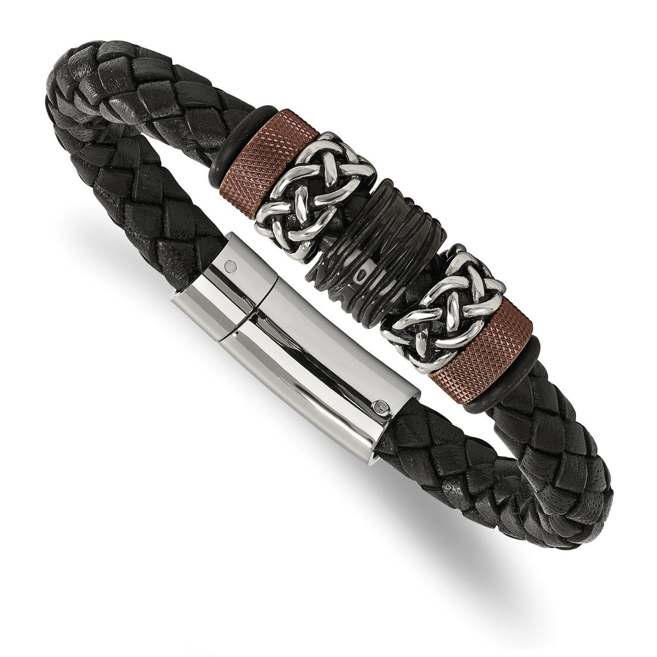 Stainless Steel Polished/Antiqued Black IP Brown IP Black Rubber Black Leather Bracelet Stainless S…