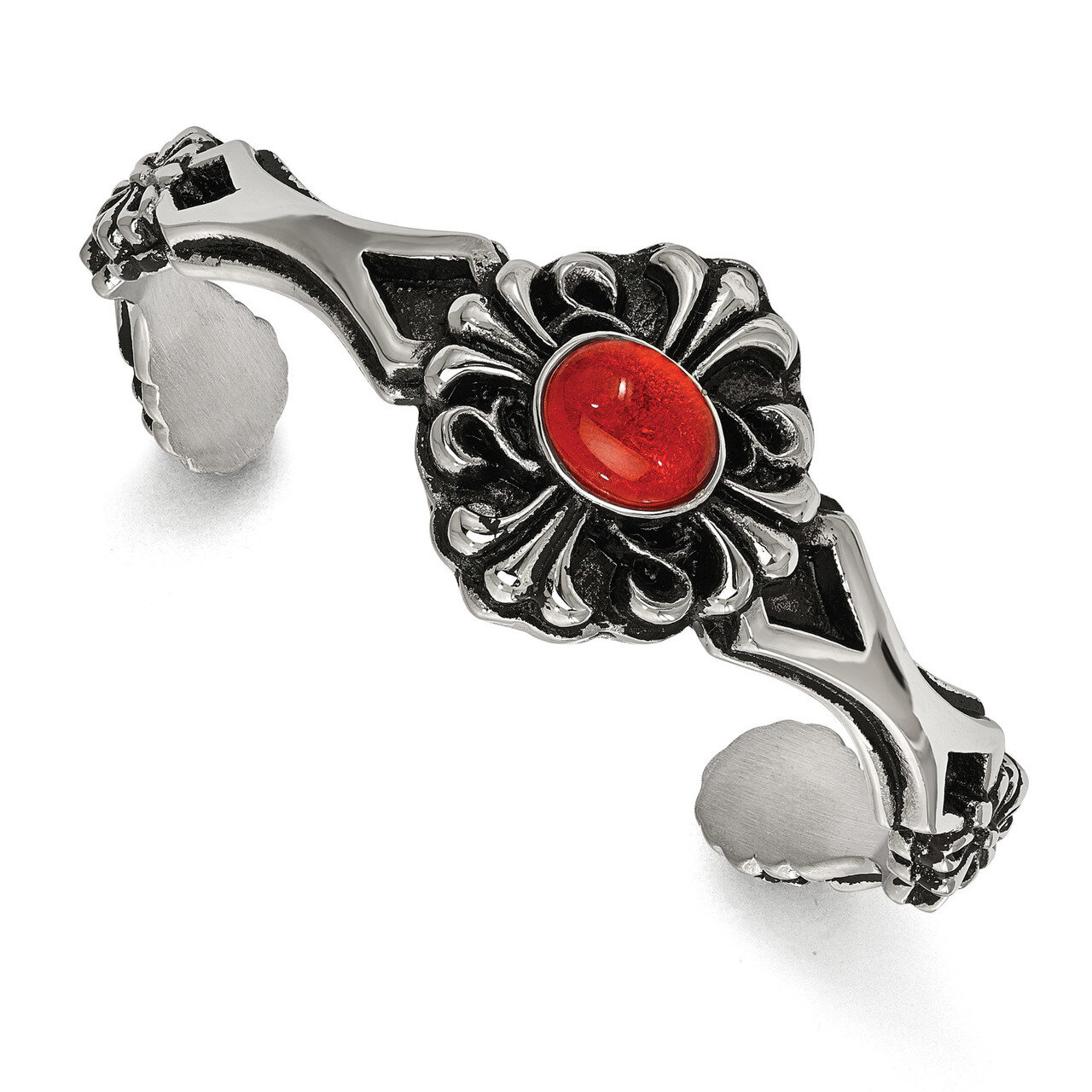 Antiqued Flower Red Glass Cuff Bracelet Stainless Steel Polished SRB2069