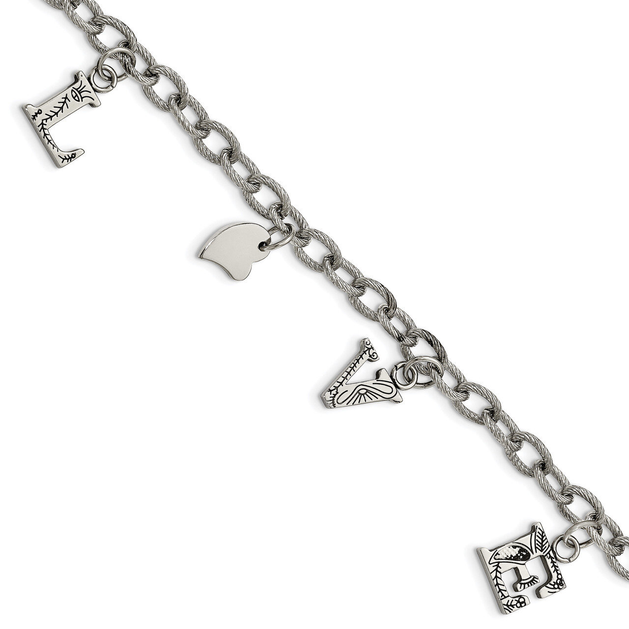 Textured LOVE Charm Bracelet Stainless Steel Polished SRB2135-8.25 by Chisel, MPN: SRB2135-8.25, 19…