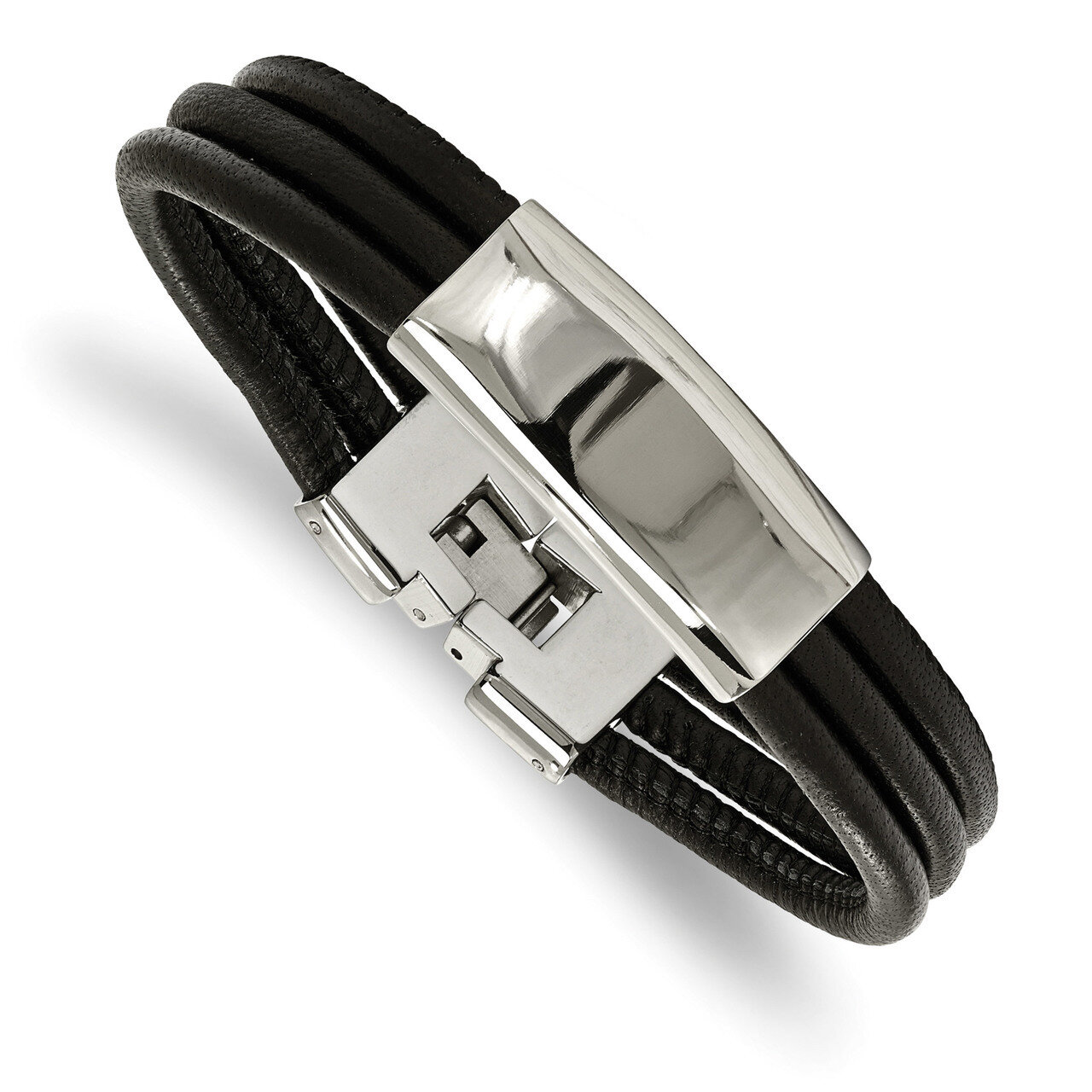 Black Leather ID Bracelet Stainless Steel Polished SRB2136-8 by Chisel, MPN: SRB2136-8, 191101604348