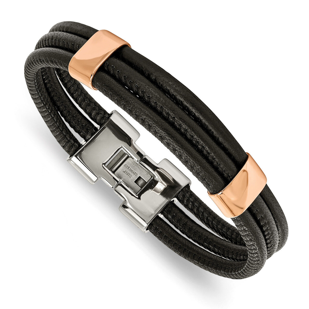 Rose IP Black Leather 8 inch Bracelet Stainless Steel Polished SRB2138-8 by Chisel, MPN: SRB2138-8,…