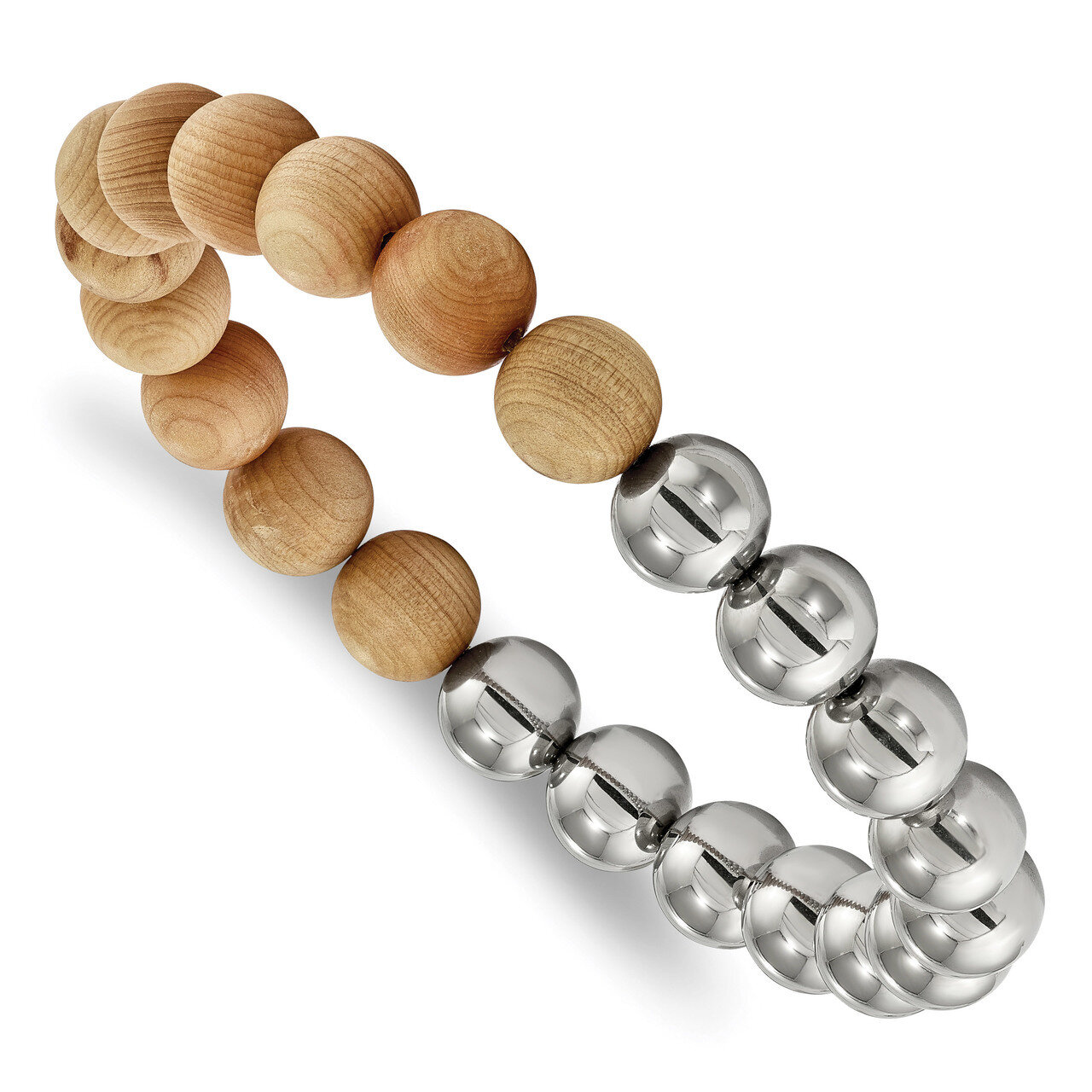 Wooden Beads Stretch Bracelet Stainless Steel Polished SRB2157 by Chisel, MPN: SRB2157, 191101015212