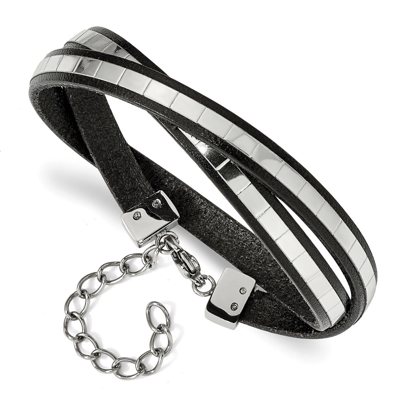 Italian Leather 14.5 Inch with 2 Inch ext Wrap Bracelet Stainless Steel Polished SRB2162 by Chisel,…