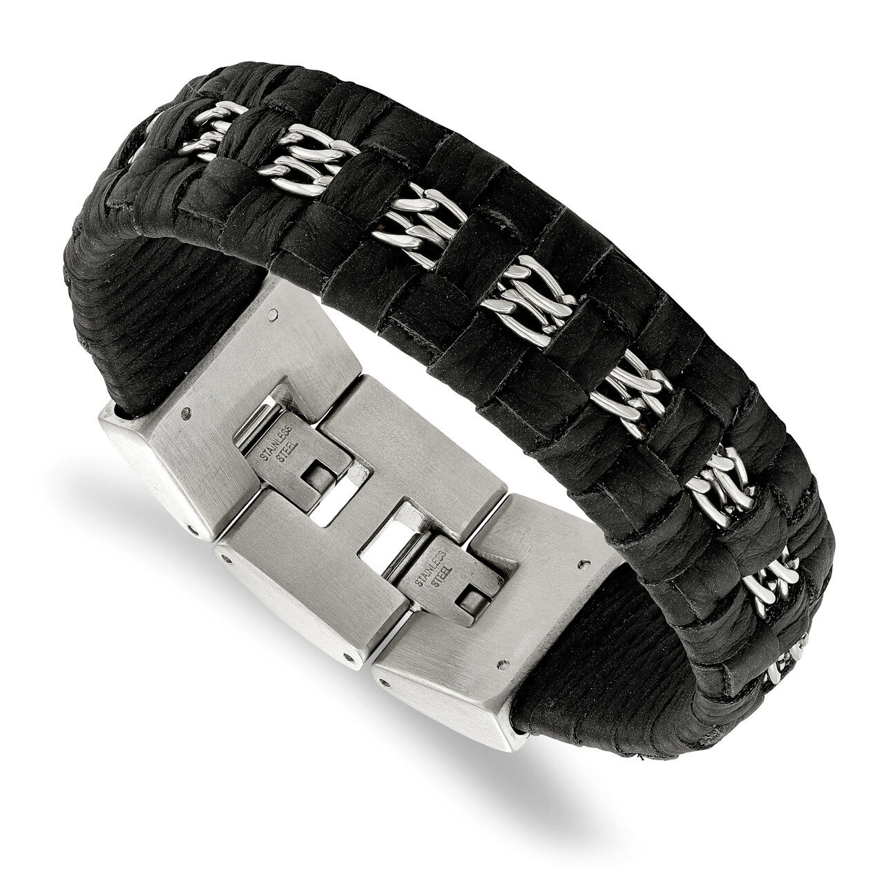 Black Woven Leather 7 Inch with 0.5 Inch Extender Bracelet Stainless Steel Polished SRB2163-7 by Ch…