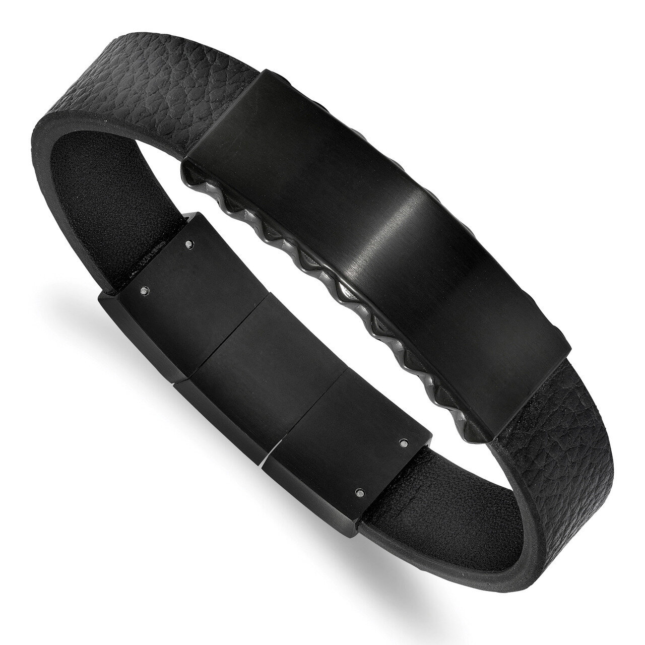 Black IP Leather with .5 Inch Extender ID Bracelet Stainless Steel Brushed and Polished SRB2187-7.75