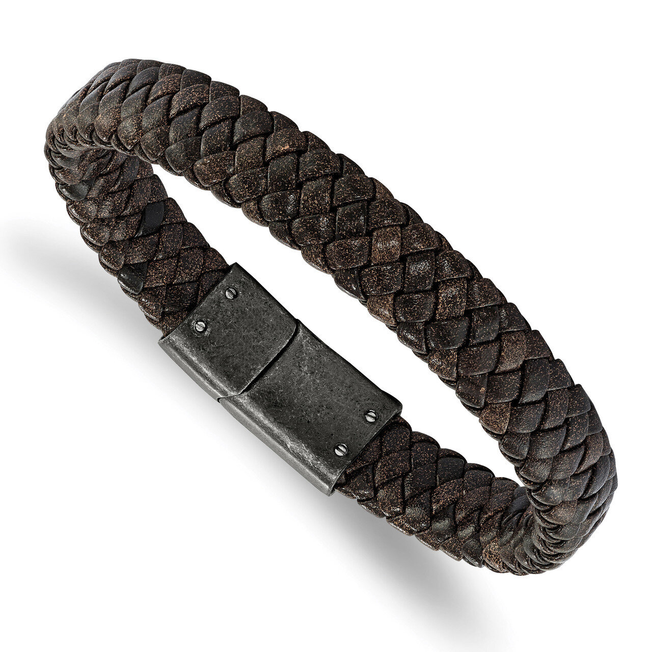 Brown Braided Genuine Leather 8.25 Inch Bracelet Stainless Steel Brushed SRB2205-8.25