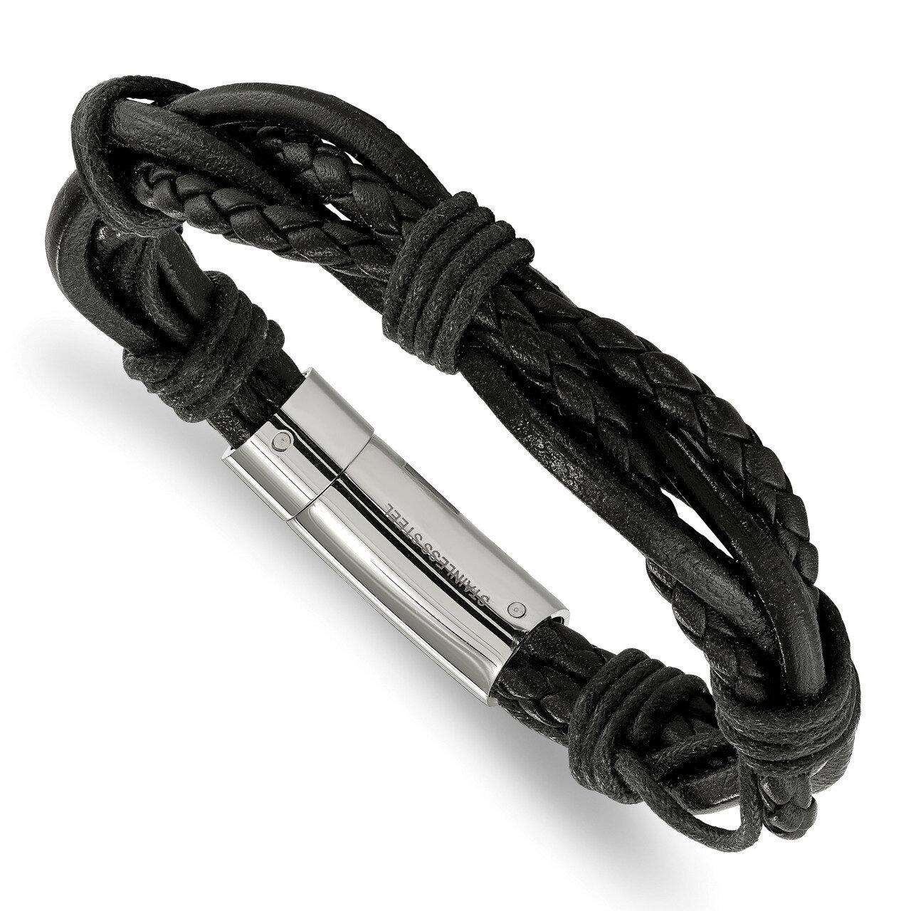 Black Leather Braided and Multi Twisted 8.5 Inch Bracelet Stainless Steel Polished SRB2208-8.5