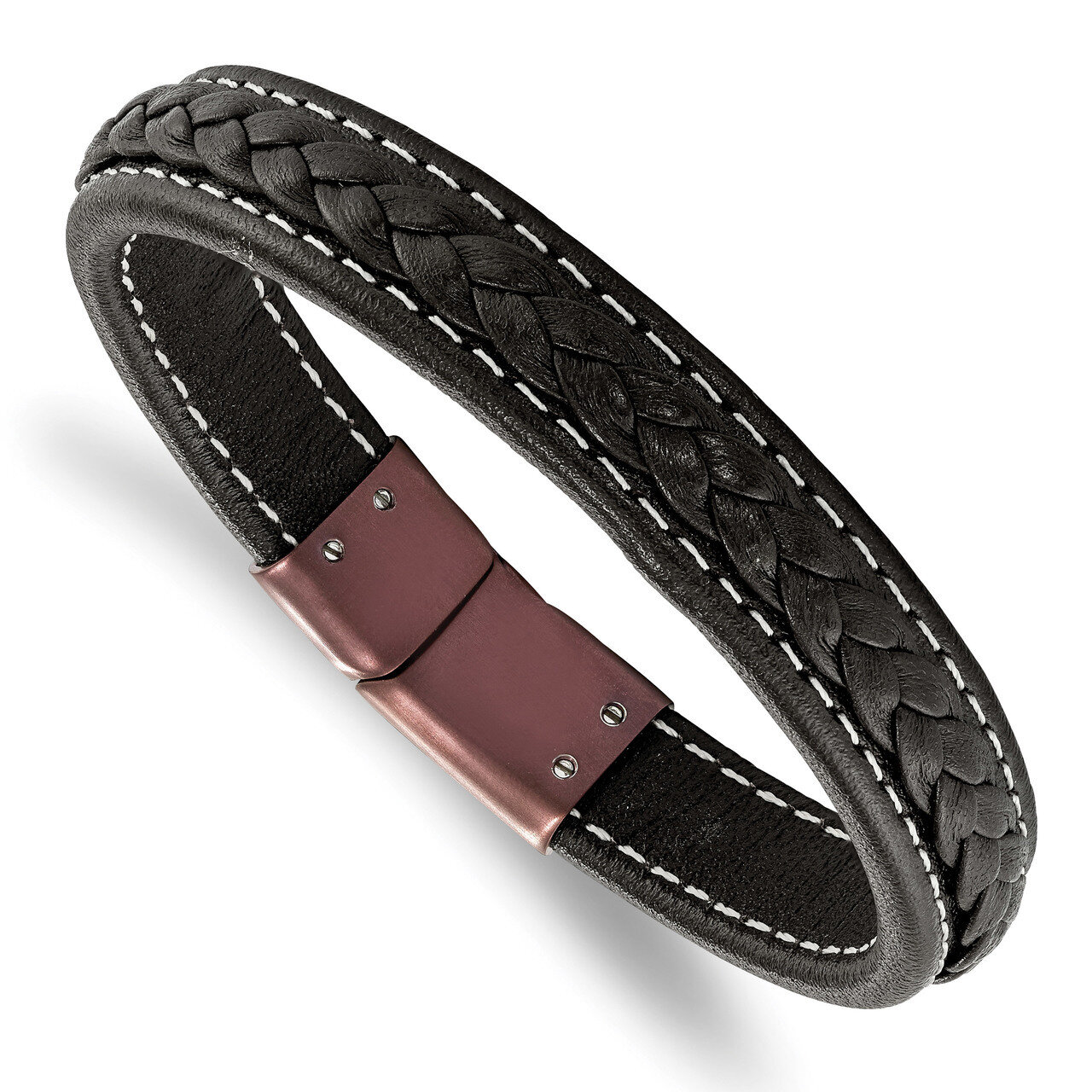 Brown IP-plated Genuine Leather 8.25 Inch Bracelet Stainless Steel SRB2218-8.25