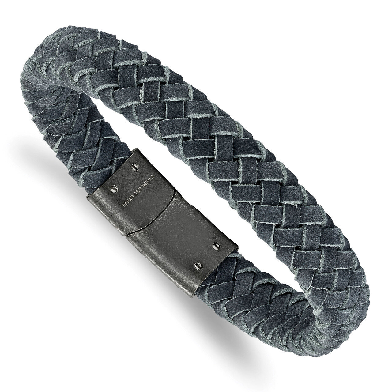 Grey Leather Braided 8.5 Inch Bracelet Stainless Steel Brushed SRB2221-8.5 by Chisel, MPN: SRB2221-…