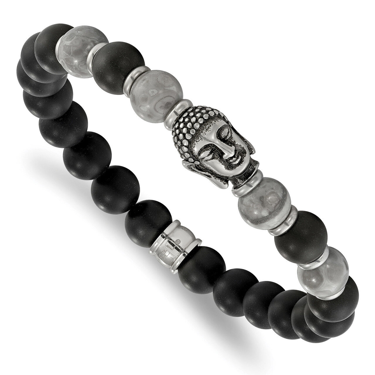 Buddha Black Agate/Grey Jasper Beaded Stretch Bracelet Stainless Steel SRB2237
