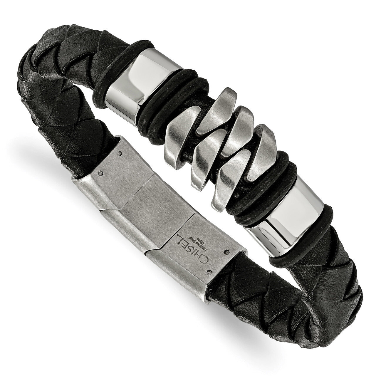 Black Leather (.5 Inch extra link) Bracelet Stainless Steel Brushed and Polished SRB2240-8 by Chise…