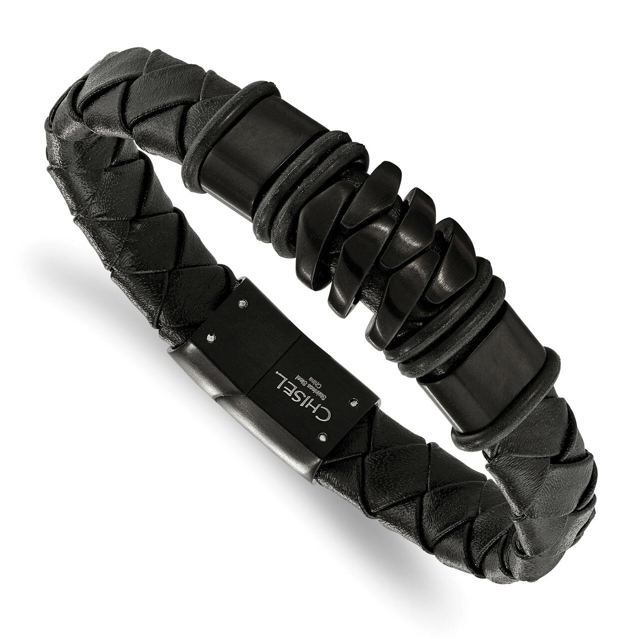 IP-plated Black Leather Bracelet Stainless Steel Brushed Black SRB2241-8.25 by Chisel, MPN: SRB2241…