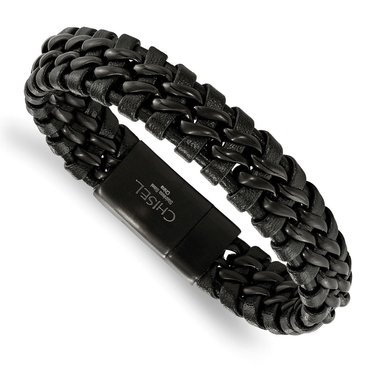 IP-plated Black Leather Bracelet Stainless Steel Brushed Black SRB2245-8.5 by Chisel, MPN: SRB2245-…