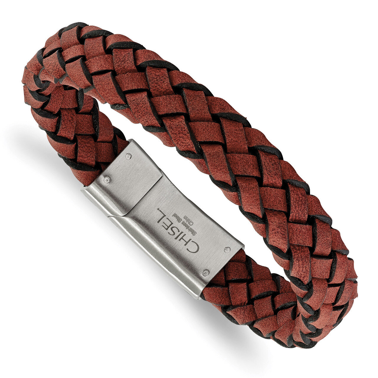 Red Leather Bracelet Stainless Steel Brushed SRB2247-8.25 by Chisel, MPN: SRB2247-8.25, 191101014734