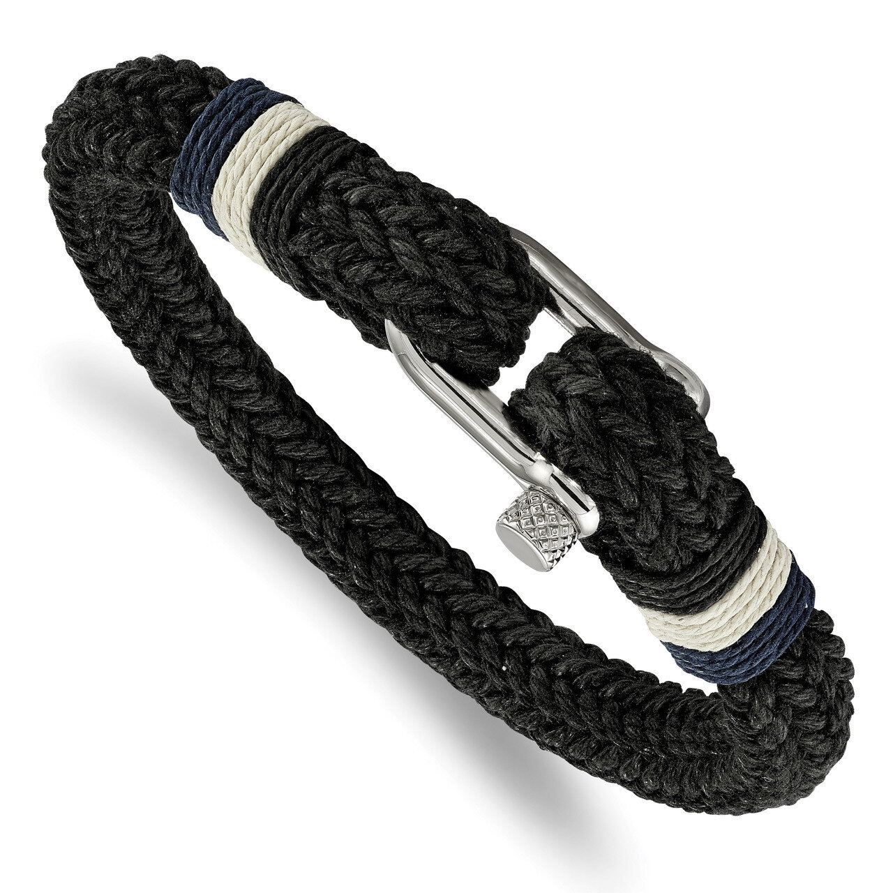 Woven Black Cotton Bracelet Stainless Steel Polished SRB2251-8.5
