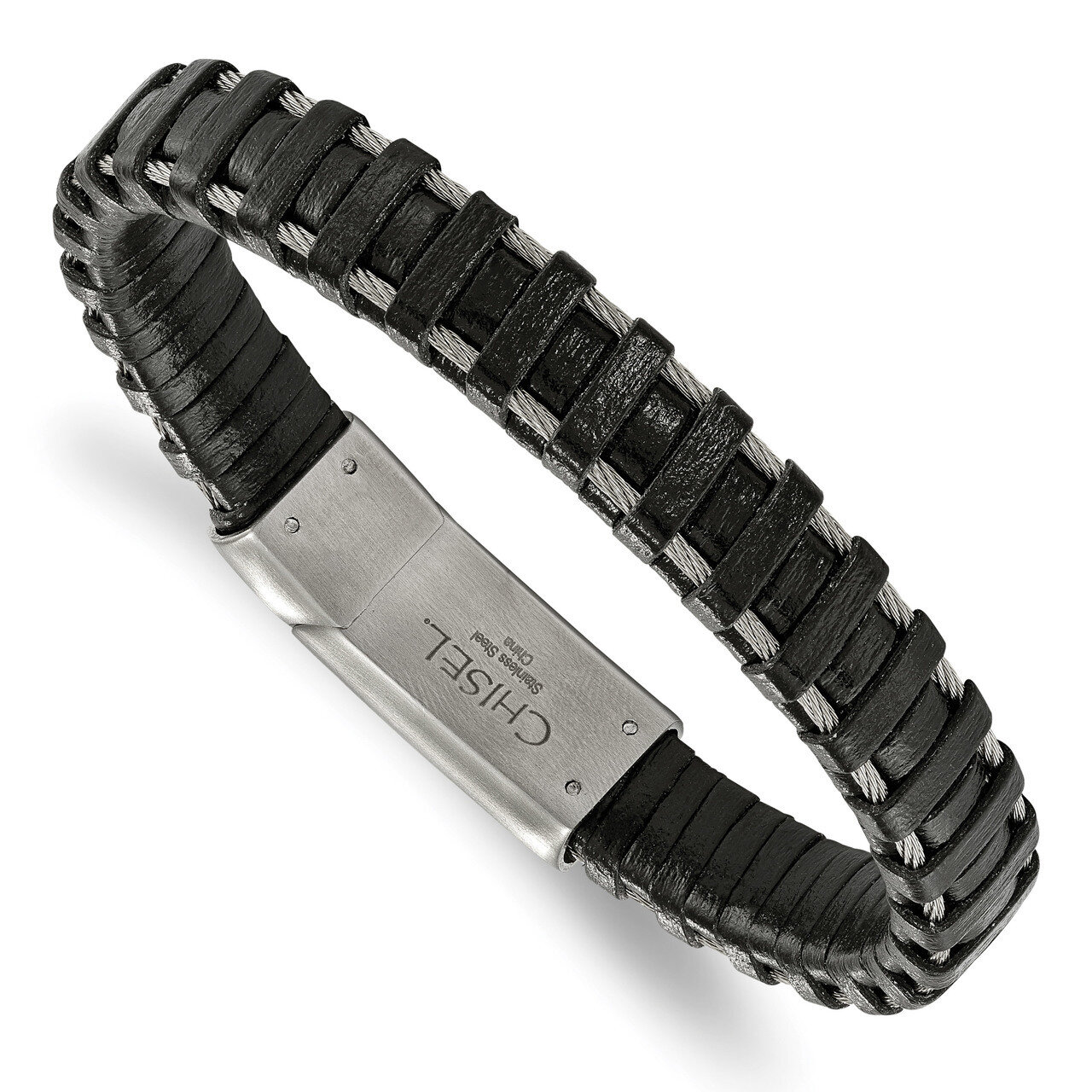 Cable and Black Leather Bracelet Stainless Steel Brushed SRB2253-8.5 by Chisel, MPN: SRB2253-8.5, 1…