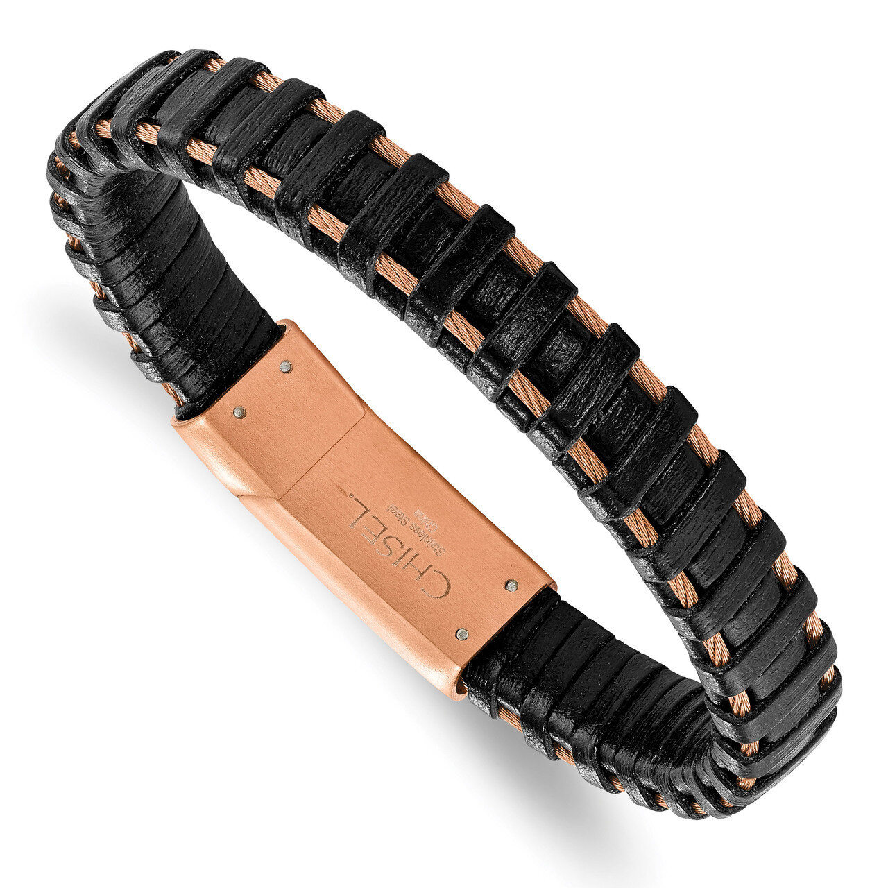 Rose IP-plated Cable and Black Leather Bracelet Stainless Steel SRB2254-8.5 by Chisel, MPN: SRB2254…
