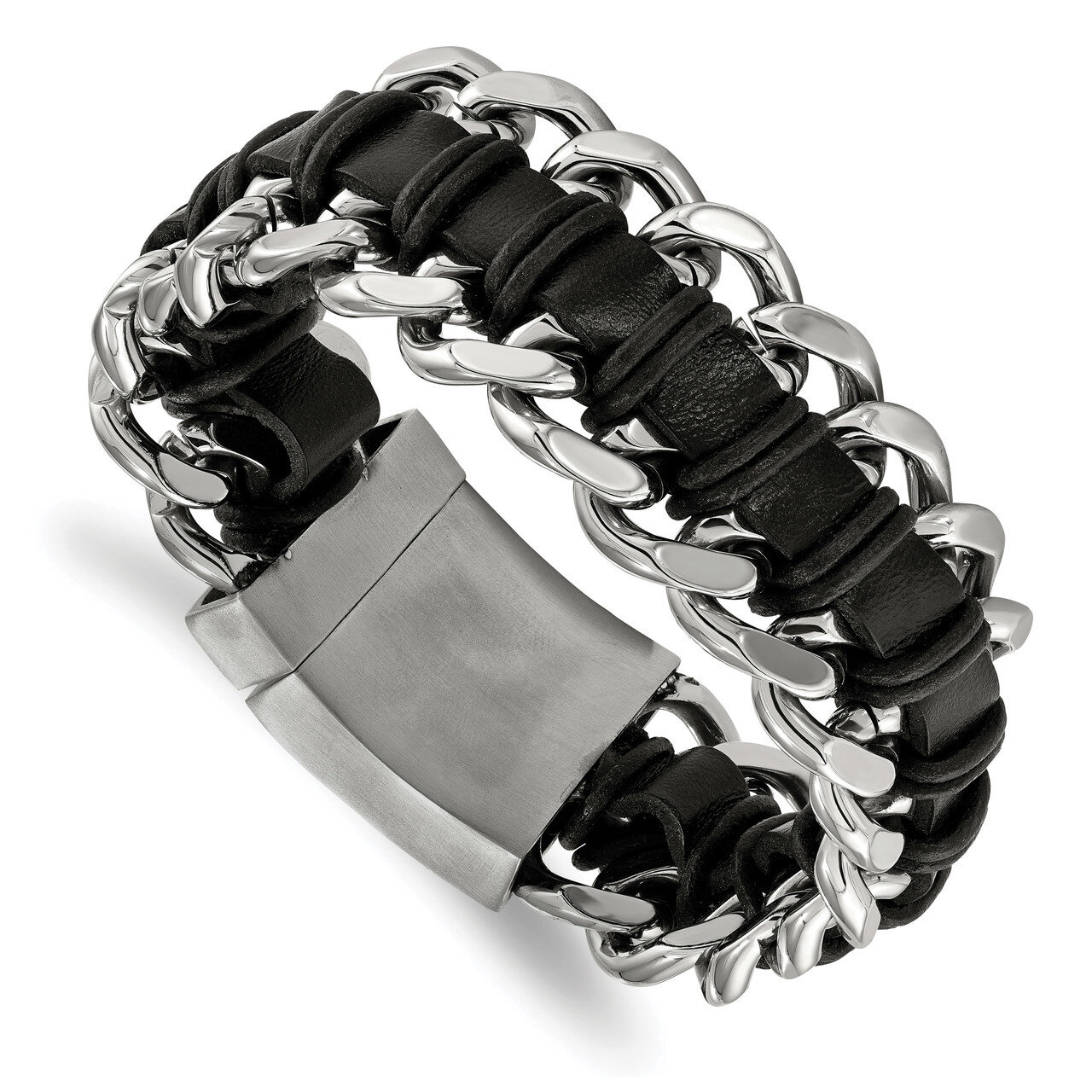 Black Leather Bracelet Stainless Steel Brushed and Polished SRB2260-9