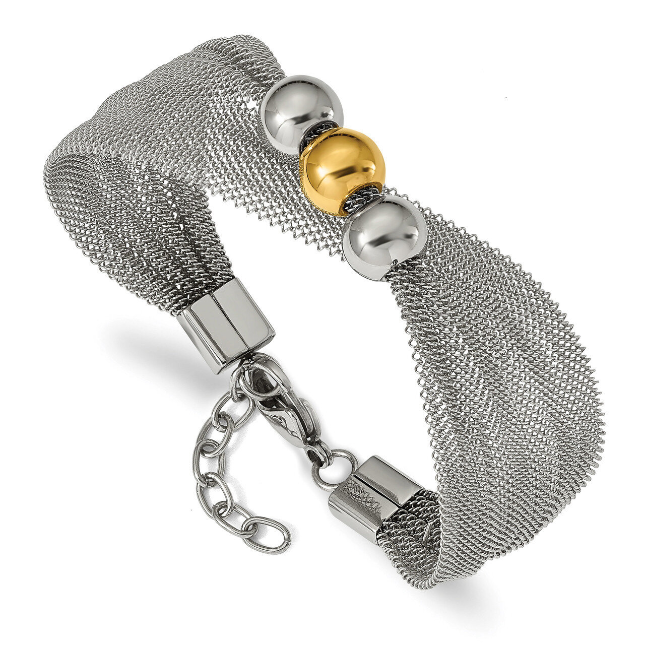 Yellow IP-plated Bead Mesh 7 Inch with 1 Inch Extender Bracelet Stainless Steel Polished SRB2321-7 …