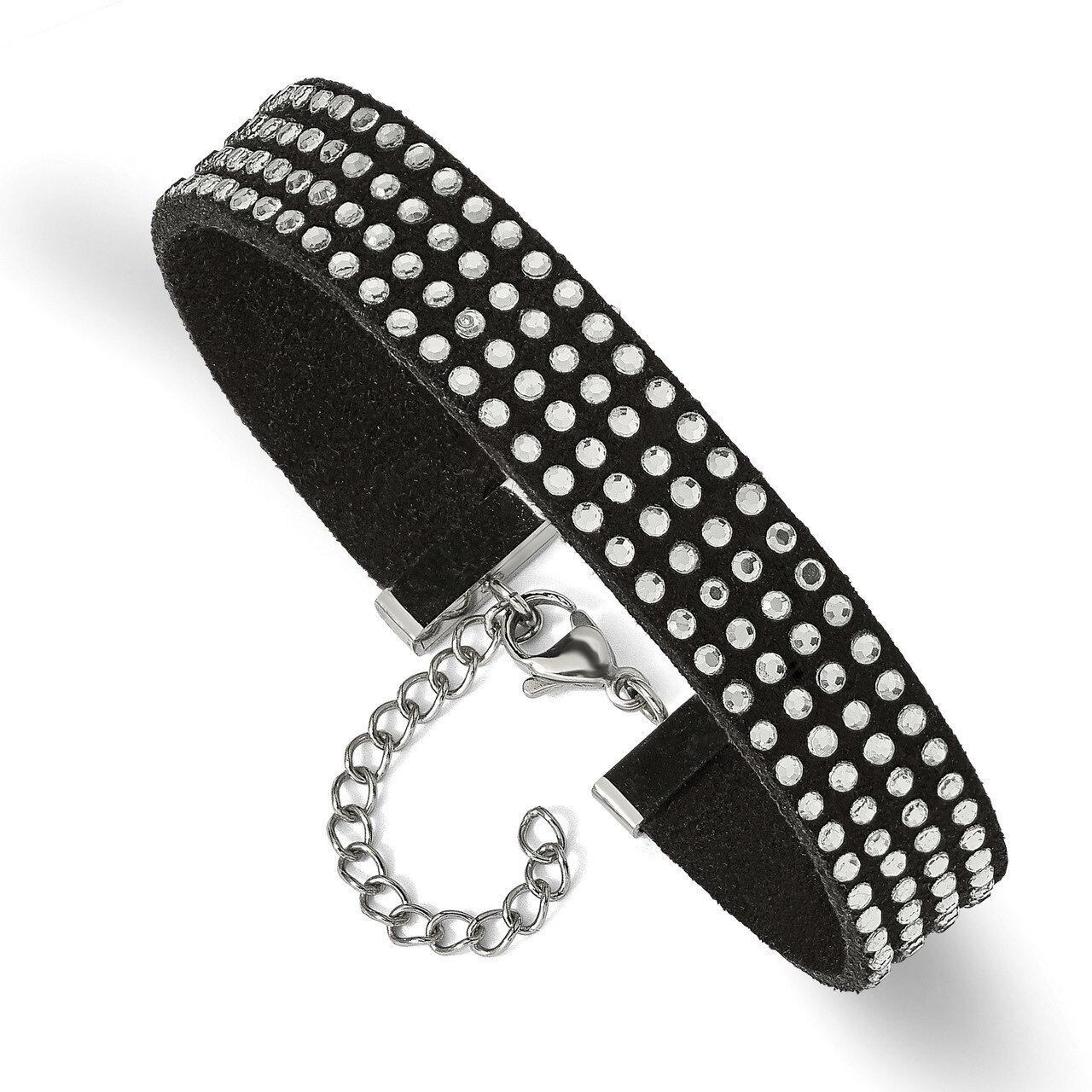 Black Leather and Crystal 7.25 Inch with 1.75 Inch Extender Bracelet Stainless Steel SRB2533-7.25 b…