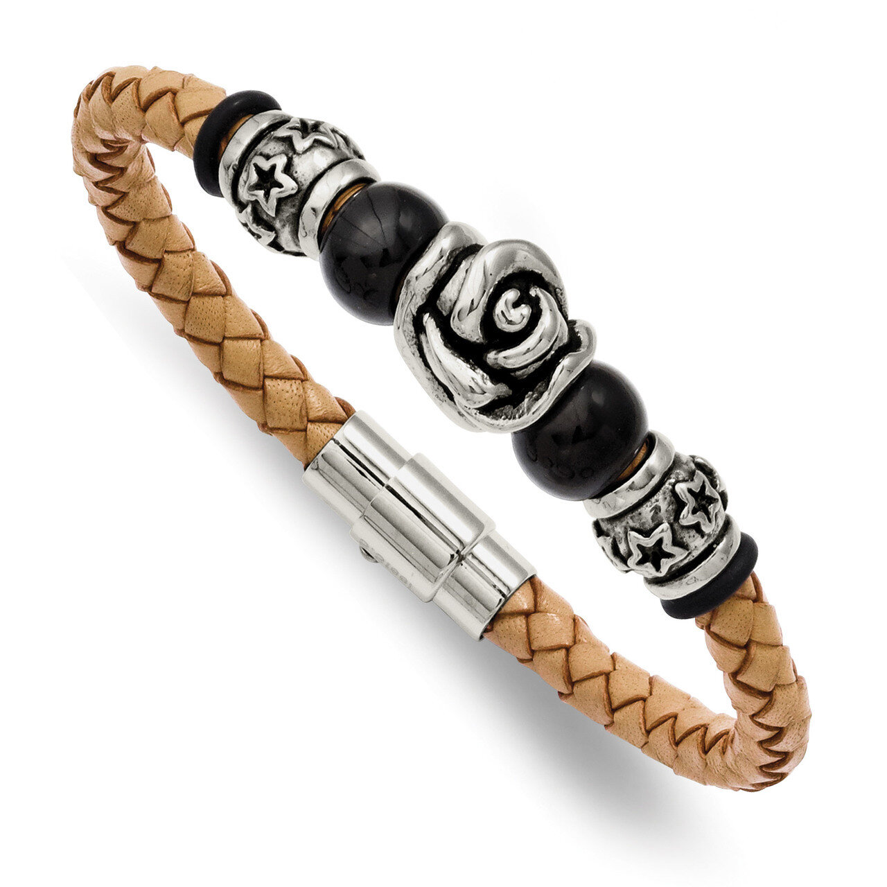 Light Tan Leather with Beads 7.5 Inch Bracelet Stainless Steel SRB851-7.5 by Chisel, MPN: SRB851-7.…