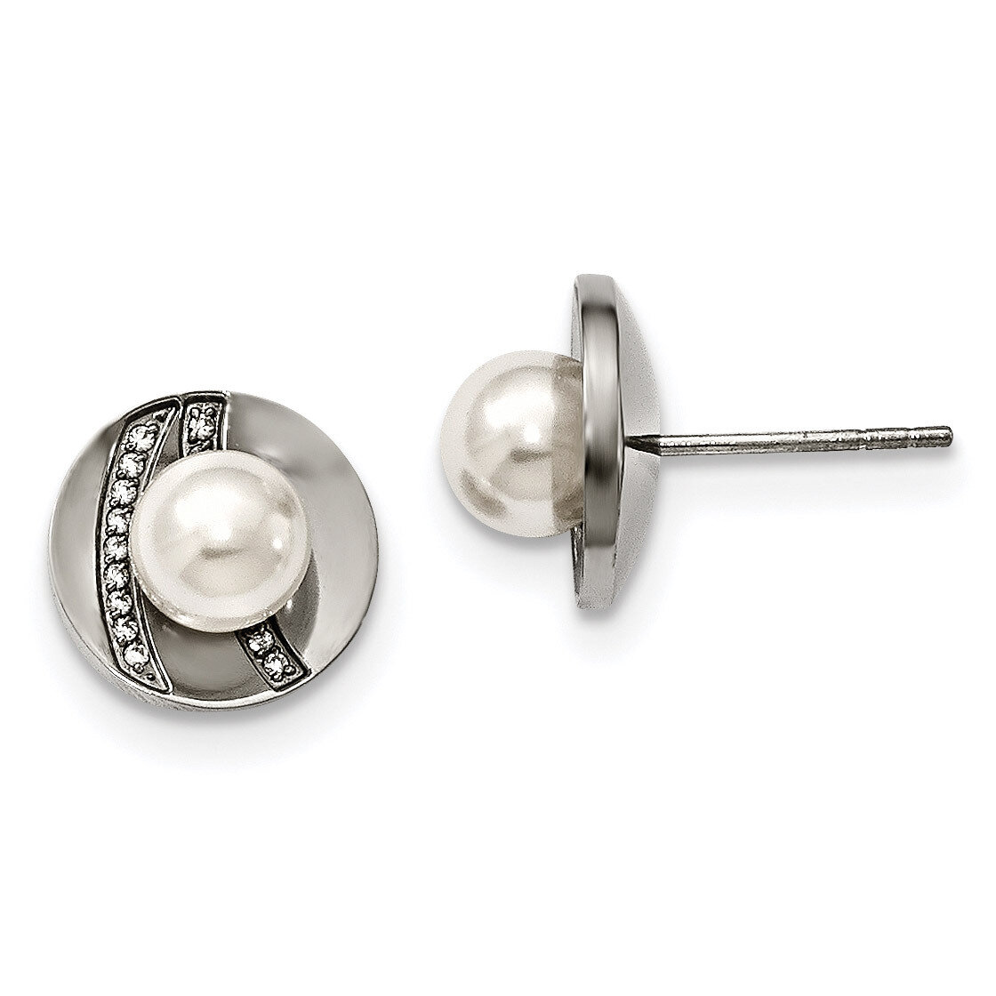 CZ and FWC Pearl Post Earrings Stainless Steel Polished SRE1013 by Chisel, MPN: SRE1013, 8867745792…