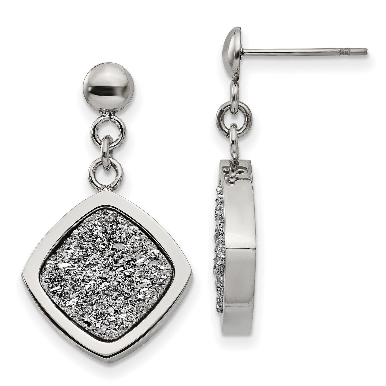 Silver Druzy Post Dangle Earrings Stainless Steel Polished SRE1025 by Chisel, MPN: SRE1025, 1911016…
