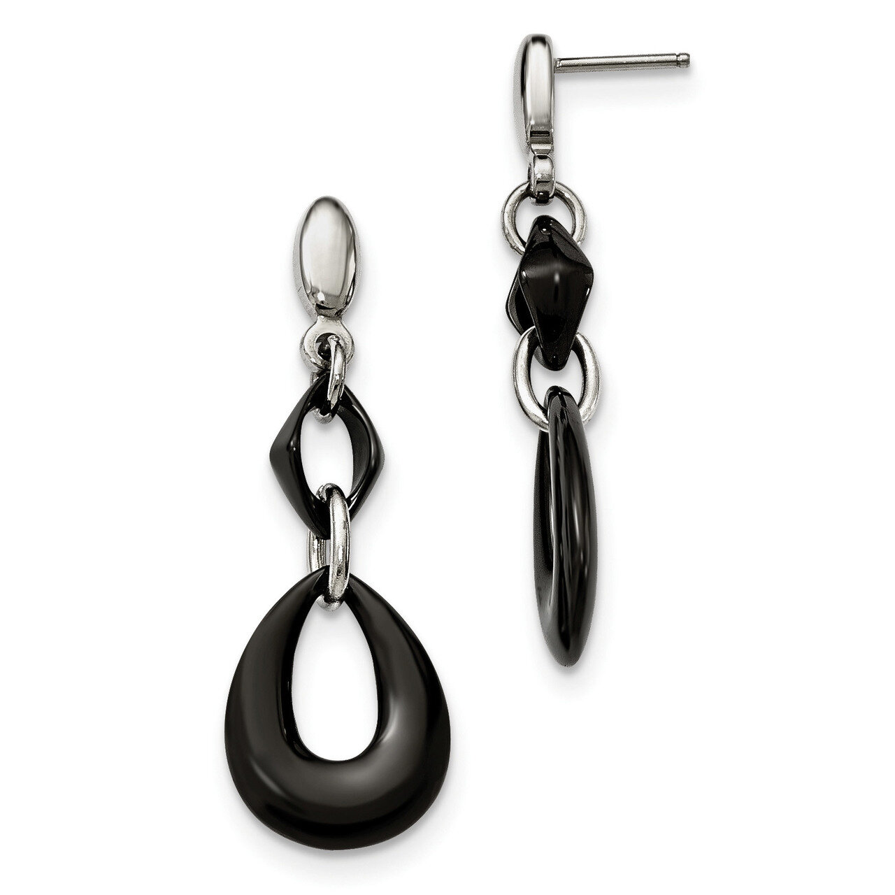 Black Ceramic Polished Dangle Post Earrings Stainless Steel SRE1031