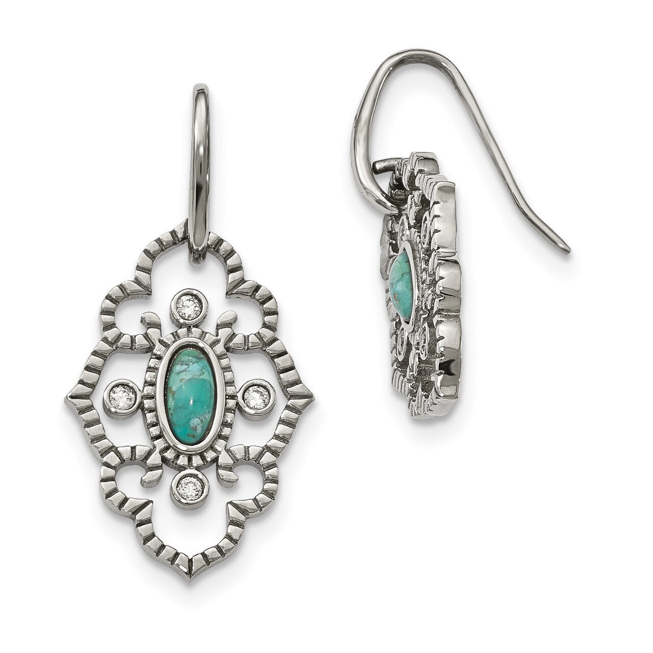 Imi. Turquoise &amp; CZ Dangle Earrings Stainless Steel Polished SRE1034