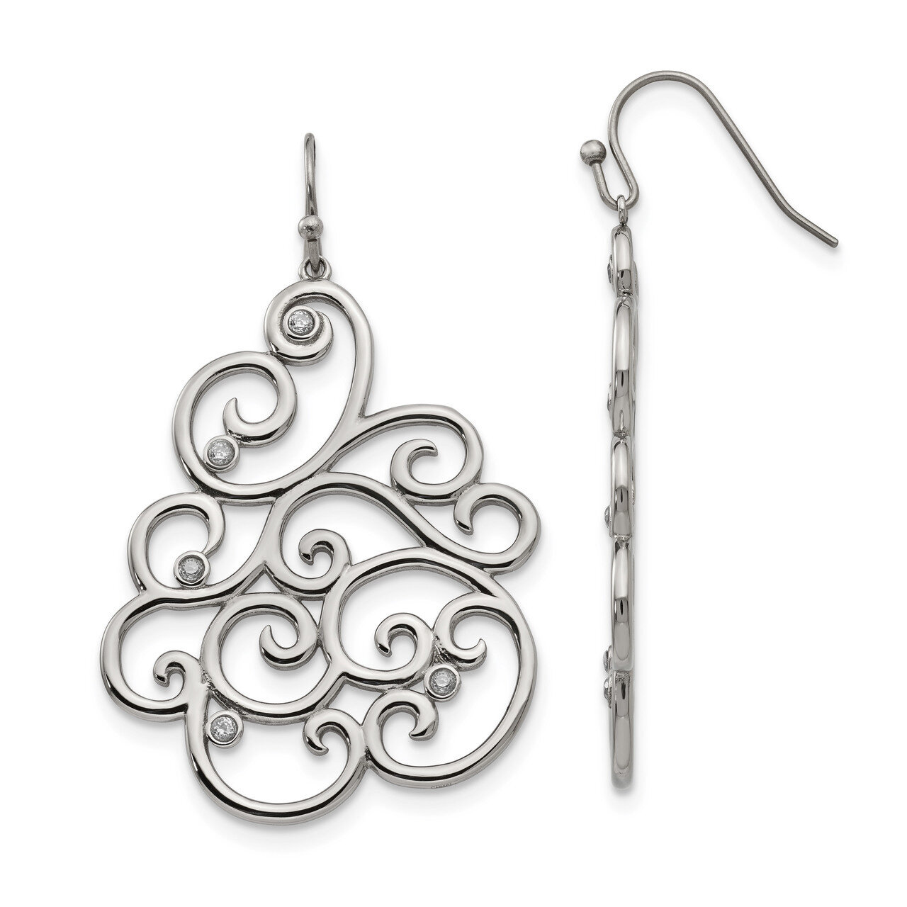 Filigree CZ Dangle Shepherd Hook Earrings Stainless Steel Polished SRE1041 by Chisel, MPN: SRE1041,…