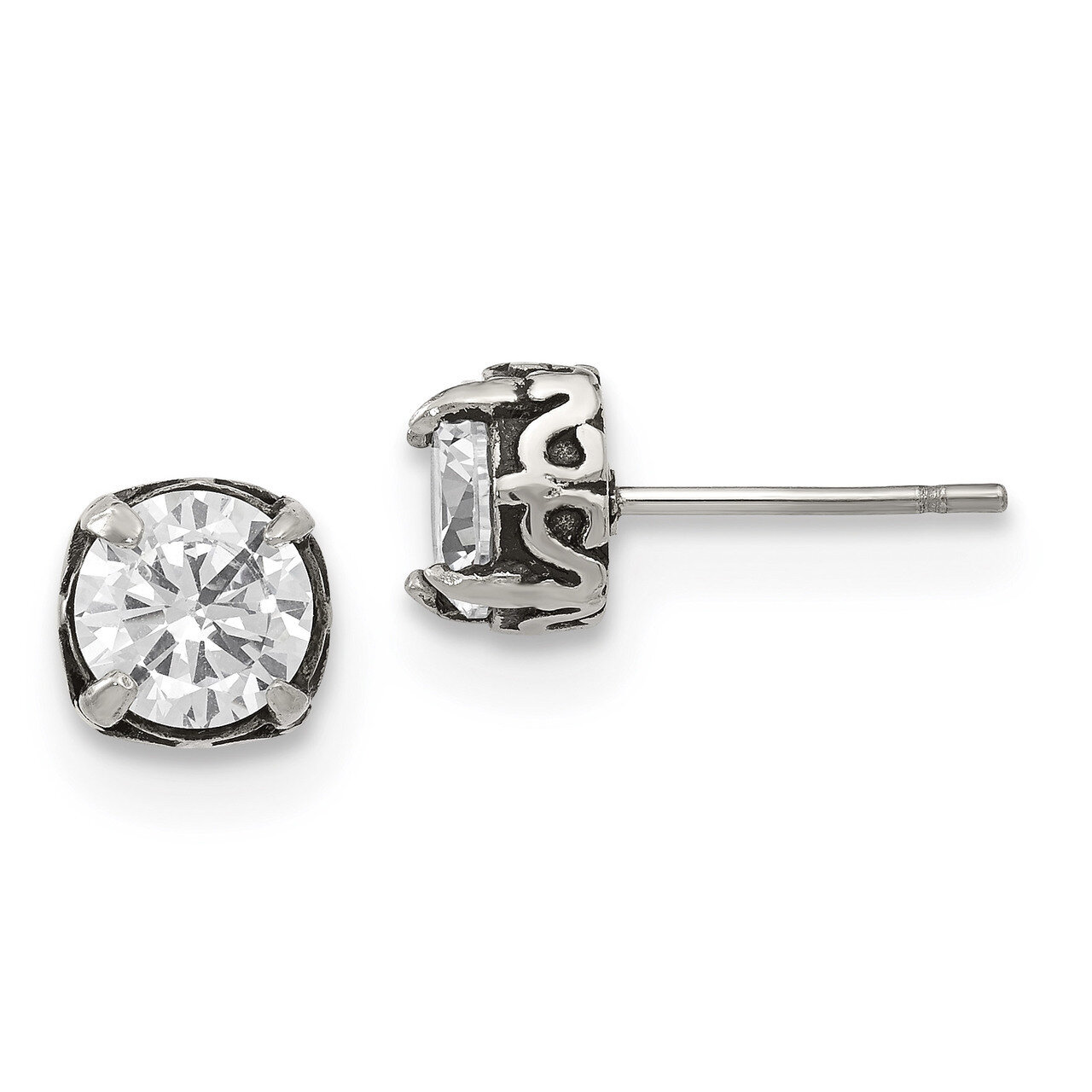 CZ Post Earrings Stainless Steel Antiqued Polished SRE1243