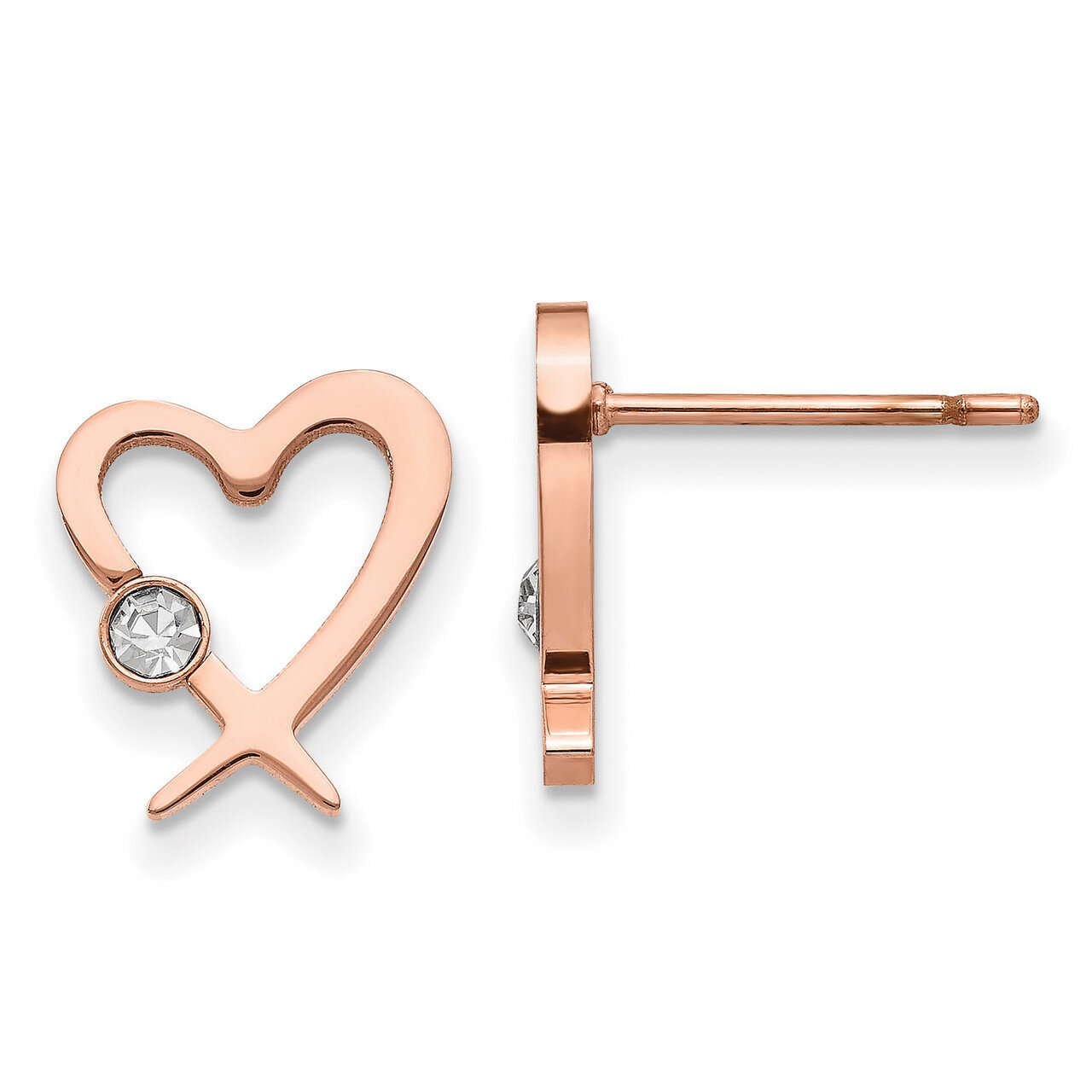 Rose IP-plated with Crystal Heart Post Earrings Stainless Steel Polished SRE1298 by Chisel, MPN: SR…