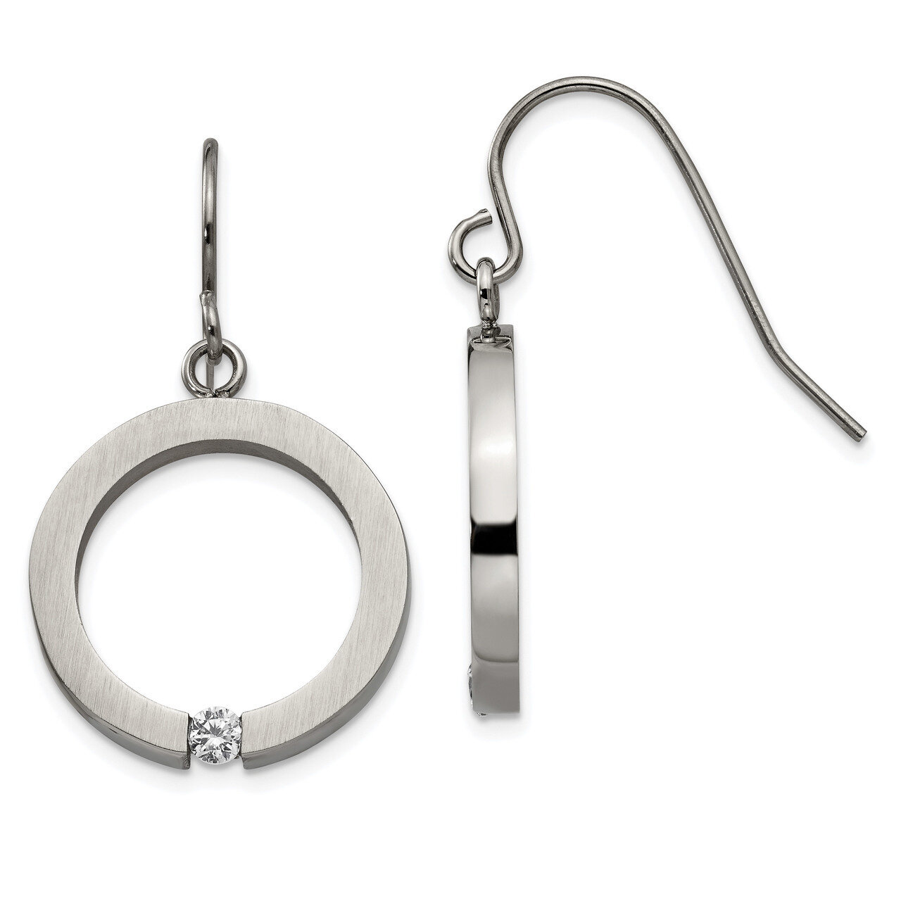 CZ Circle Shepherd Hook Earrings Stainless Steel Brushed and Polished SRE1306