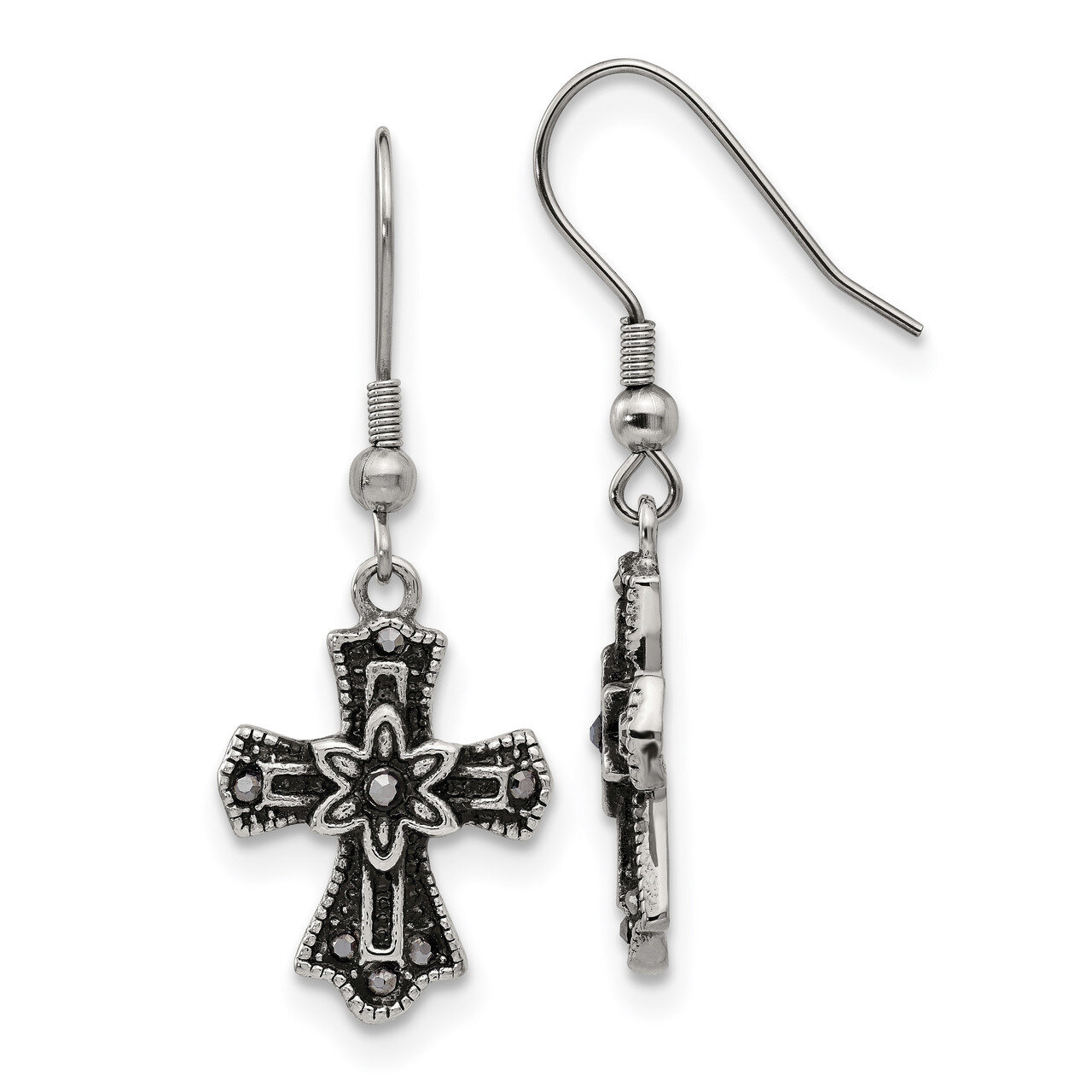 Black Crystal Cross Shepherds Hook Earrings Antiqued Stainless Steel SRE951 by Chisel, MPN: SRE951,…