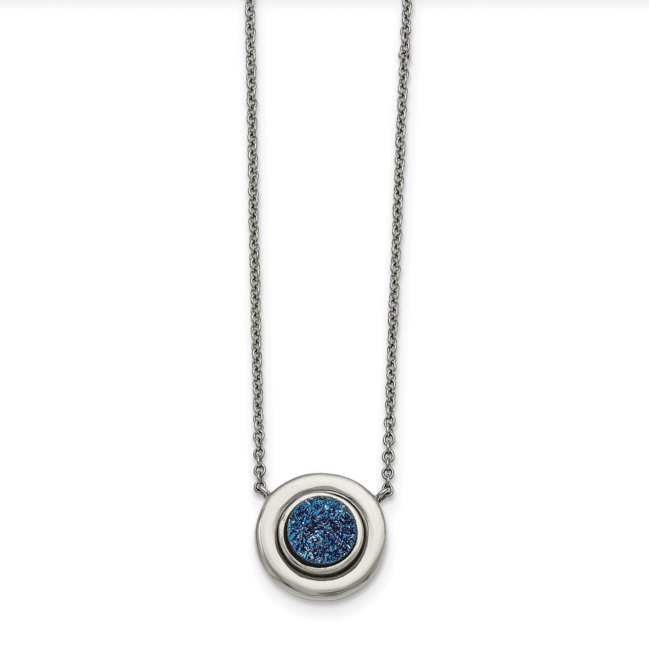 Blue Druzy Circle with 2 Inch Extender Necklace Stainless Steel Polished SRN1516-18.25 by Chisel, M…