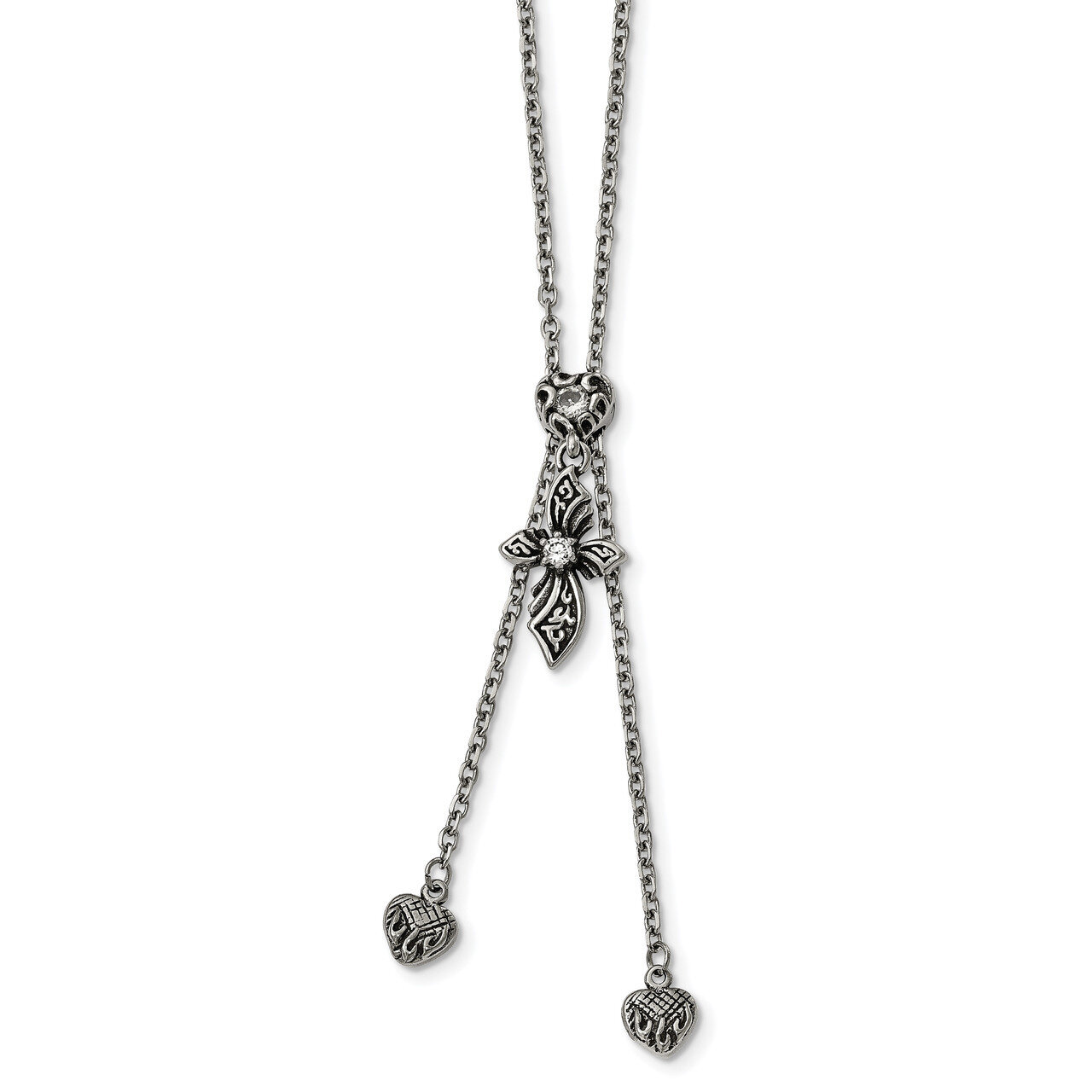 &Polished CZ Adjustable up to 29.5 Inch Necklace Antiqued Stainless Steel SRN1739
