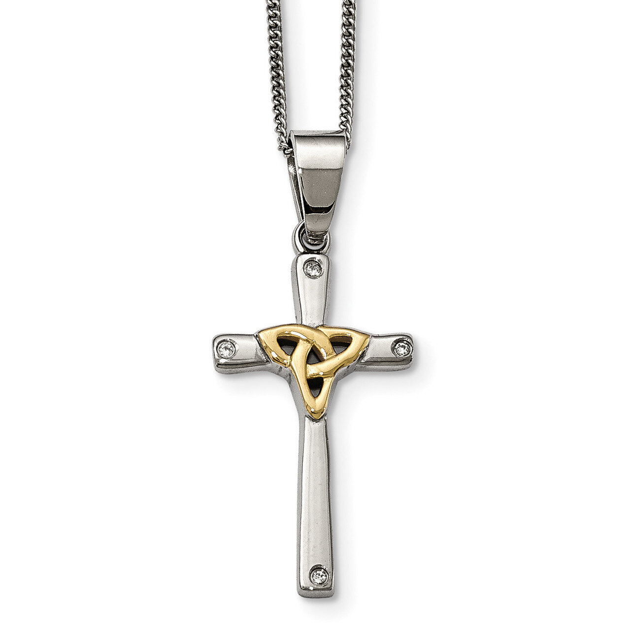 Yellow IP-plated with CZ Cross Necklace Stainless Steel Polished SRN1795-18 by Chisel, MPN: SRN1795…