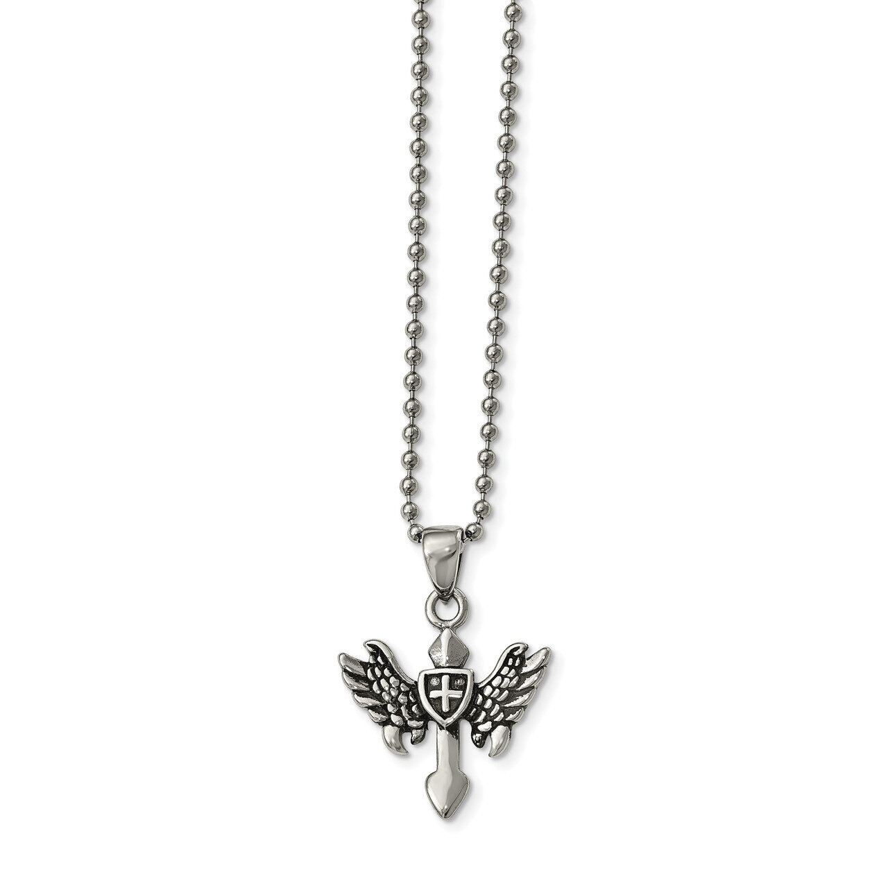 Antiqued Cross with Wings Necklace Stainless Steel Polished SRN1827-20 by Chisel, MPN: SRN1827-20, …